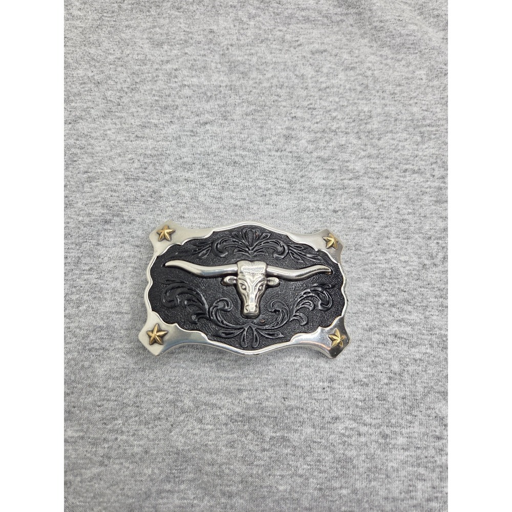 Silver Longhorn Steer 3D Tooled Black Leather Filigree Gold Stars Belt Buckle